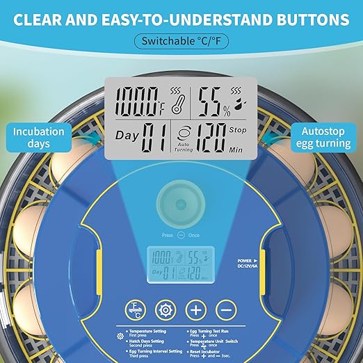 18 Egg Incubator with Automatic Egg Turning & Humidity Control - Perfect for Hatching Chicken, Duck, and Quail Eggs | 360° Viewing Window, Temperature Control, Ideal for Farm, Lab
