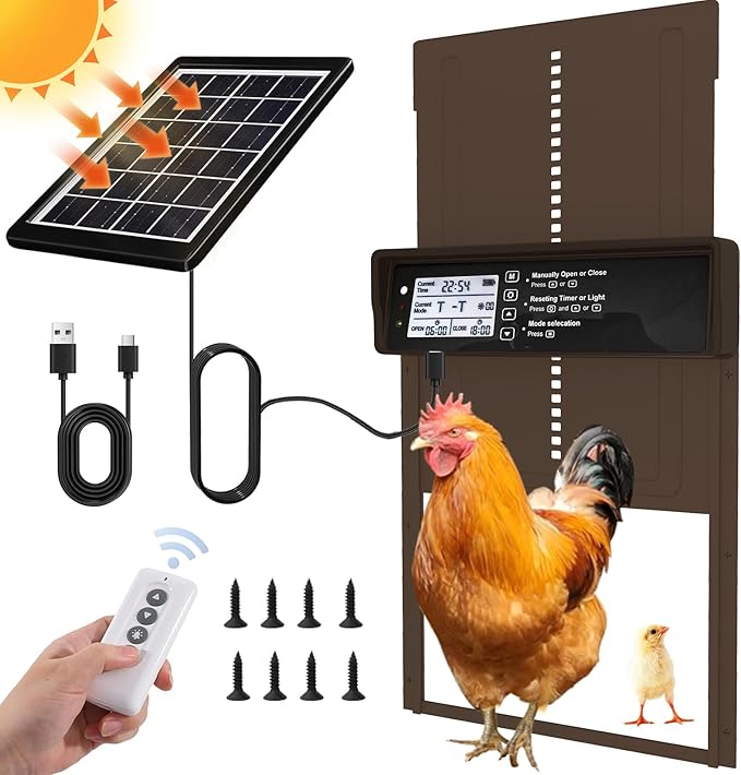Automatic Chicken Coop Door - Auto Chicken Coop Door with Timer, Sensor, & Remote Control - Smart Poultry Door Opener with Durable Construction - Chicken Coop Supplies & Accessories - Brown