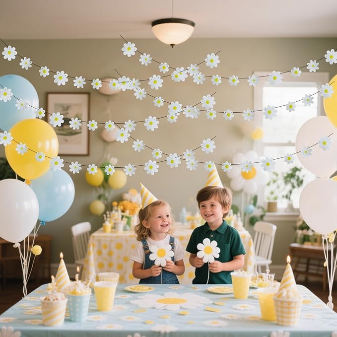 6Pcs White Daisy Banner Garland Spring Flower Hanging Bunting for Girl Boy Groovy Hippie Boho Birthday Party Decoration