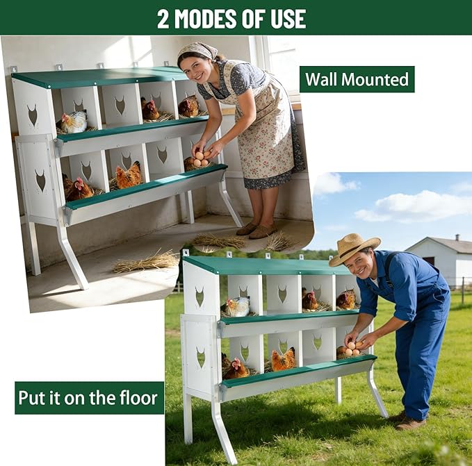 Chicken Nesting Box 8 Compartment with Legs10 Pet Moisture Pads and 4 Fake Eggs Roll Away Egg Collection, Perch, Lid Cover for Egg Protection - Wall Mount Nest Box for Chickens, Hens, Ducks