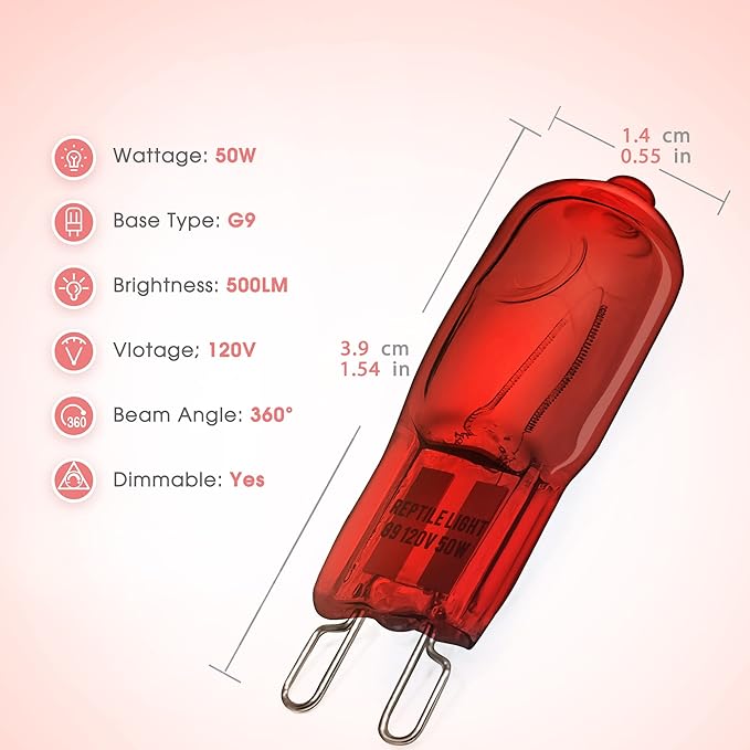 Briignite G9 Infrared Heat Lamp Bulbs for Reptile, Mini Reptile Light, Dimmable Night Red UVA Reptile Heat Lamp, 2 Pin Base Mini Heat Bulbs 50W, Bearded Dragon Turtle Lizard, 2Pack