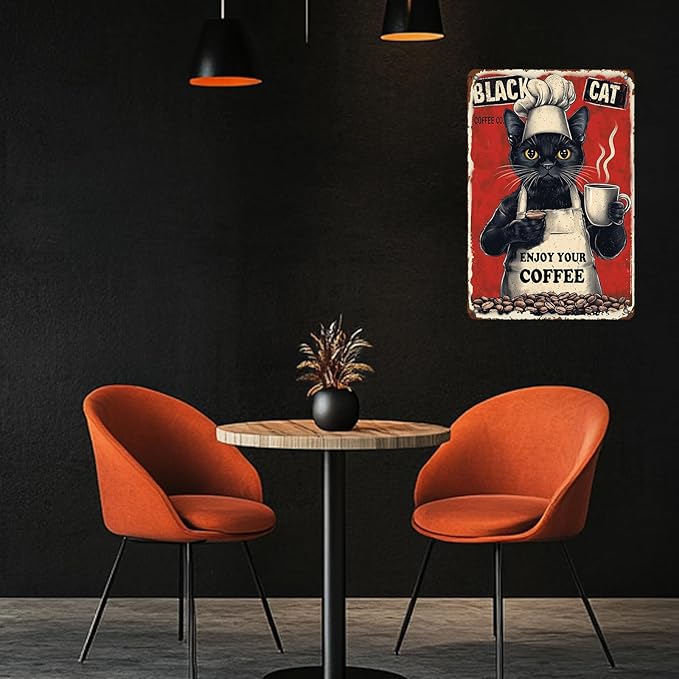 Metal Signs Black Cat Coffee Company Enjoy Your Coffee Sign Funny Vintage Tin Sign Sign Retro Wall Decor For Home Kitchen Office Farmhouse Yard Garden Shop Cafe Poster 12x8 Inch