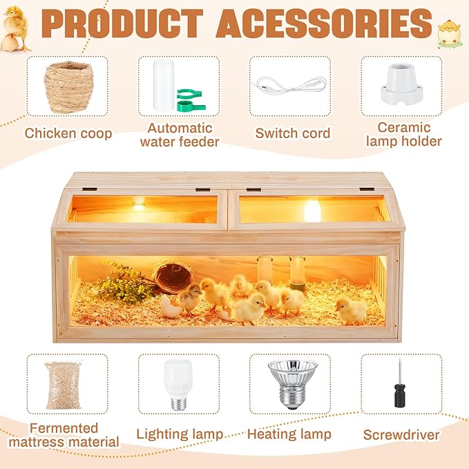 Large Brooder Box Kit for Chick 40 x 16 x 16 in Wooden Brooder with a Pull Out 15in Wide Extension Space, Heating Bulb, Feeder, Waterer, Holds up to 35 Chicks, for Poultry, Duck, Quail, and Small Pet