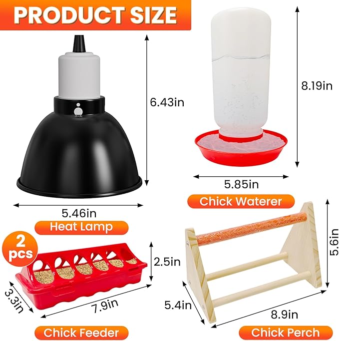 Chick Starter Kit, 2 Chick Feeders and 1.3L Automatic Waterer Set with 75W Adjustable Heat Lamp (2 Bulbs) and Stand Perch, Brooder/Coop Supplies for Baby Chicken, Duck, Quail