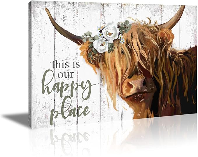 YPY Highland Cow Wall Art - This is Our Happy Place Inspirational Canvas Poster for Home - Long Haired Scottish Cow with White Flower Picture Farmhouse Kitchen Decor Framed (24"x36")
