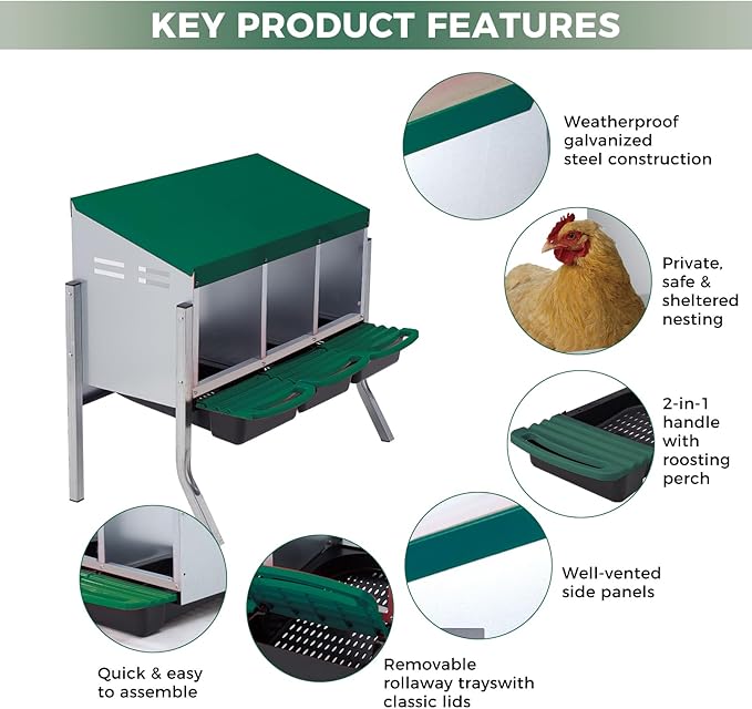 Nesting Boxes for Chickens, 3 Holes Chicken Nesting Box with Removable Tray, Easy Egg Collection, Roll Away Nesting Box for Hens, Chicken Coop, with Legs, Green