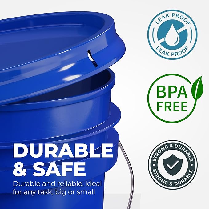 5-Gallon Dark Blue Bucket Pail Container with Lid | Metal Handles with Plastic Grip for Easy Carrying | Easy Stack and Store | Heavy-Duty Extra Durable | Food Grade | BPA Free - 1 Pack