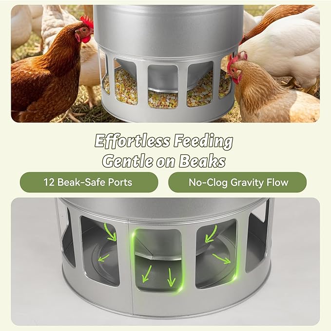 KOL Hanging Chicken Feeder – 20lbs Metal Chicken Feeder No Waste, Adjustable Poultry Feeder with 12 Ports, No Installation & Universal Height Design (Silver)