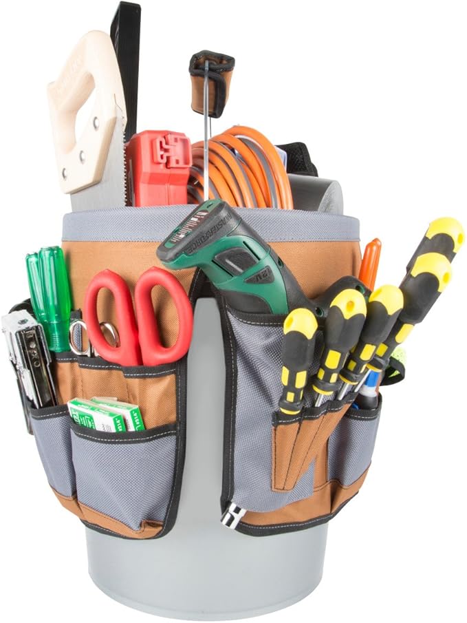 Dickies 35-Pocket 5-Gallon Bucket Organizer With Drill Holster, Padded Handle, and Tape Tether, for Contractors and Painters