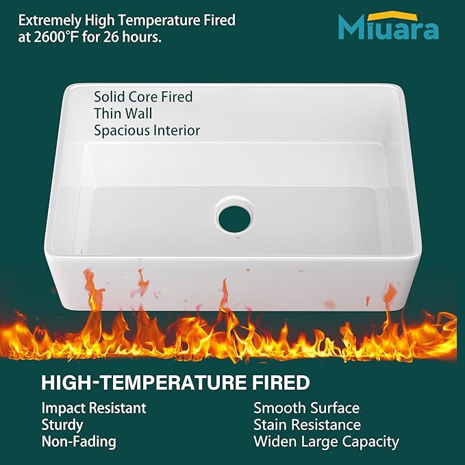 Miuara Farmhouse Sink 30 Inch - White Apron Front Undermount Kitchen Sink Reversible 30"x20"x10", Farm House Style Deep Single Bowl, Heavy Duty Solid Fireclay, Glossy White, for Kitchen