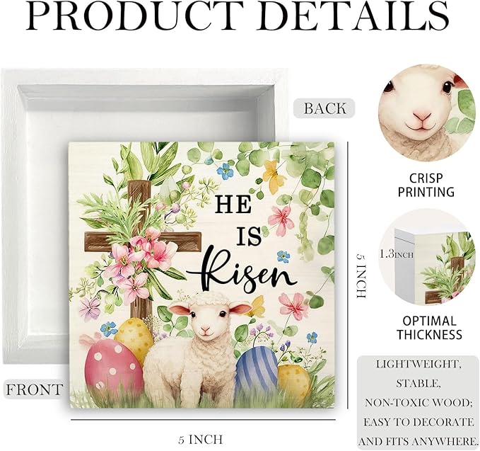 He Is Risen Easter Christian Lamb Wooden Box Sign Desk Decor, Spring Floral Cross Easter Sheep Egg Wood Signs for Bedroom Home Office Desk Table Shelf Decorations, 5x5 Inch