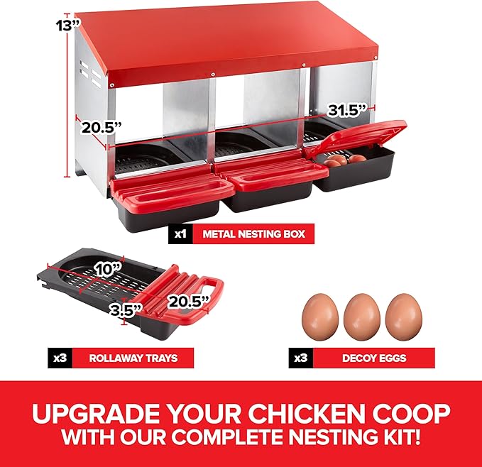 Chicken Nesting Boxes for Laying Eggs, 3-Compartment Roll-Away Nesting Boxes for Chickens Coop with Perch, Hens, Ducks & Other Poultry, Includes 3 Wooden Dummy Eggs