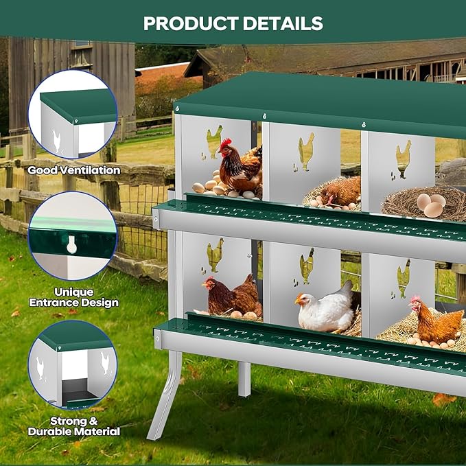 6-Hole Chicken Nesting Box, Rustproof Galvanized Steel, Wall-Mounted Metal Laying Box for Hens, Easy Egg Collection & Cleaning, Roll Away Nest Boxes - Green