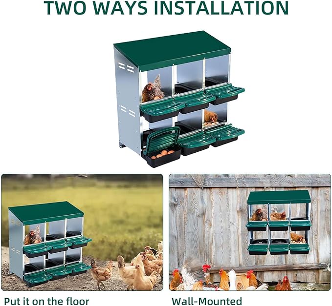 6-Compartment Roll-Away Metal Chicken Nesting Box – Durable Hen Laying Box with Protective Lid, Easy Egg Collection, Stand with Bracket Legs for Coops, Green