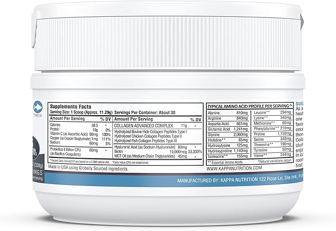 KAPPA NUTRITION Collagen Type I, II, III, 6 Billion Probiotic Acid Resistance, Hyaluronic Acid, Vitamin C, Biotin, Copper and MCT Oil, Beautiful Hair, Nails, & Skin, Collagen Peptides 9 in 1 (11.9oz)
