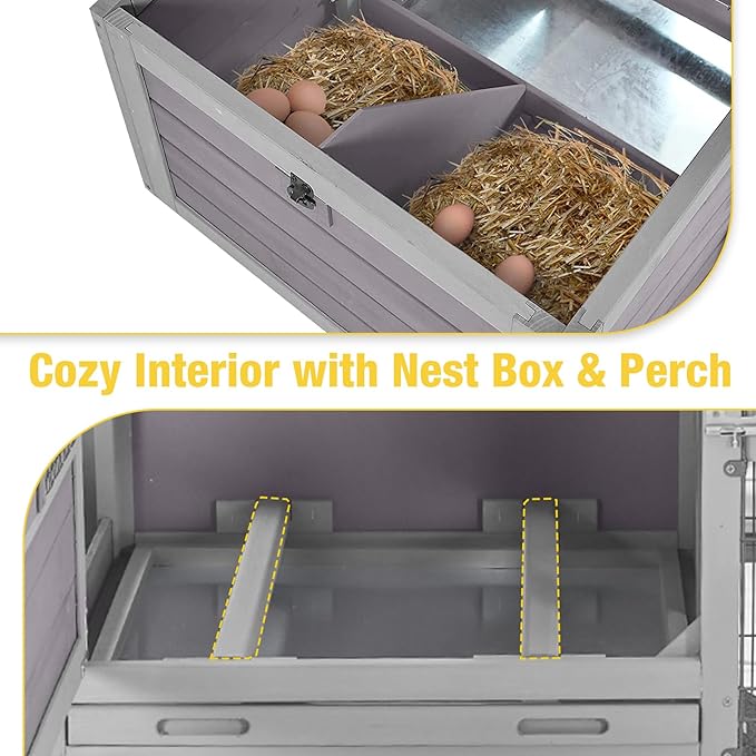 Aivituvin Durable Mobile Chicken Coop with Wheels, Waterproof Asphalt Roof, Steel & Cedar Wood Frame, Large Nesting Box, Predator-Proof, Removable Tray, Two-Level Chicken House for 4–6 Chickens