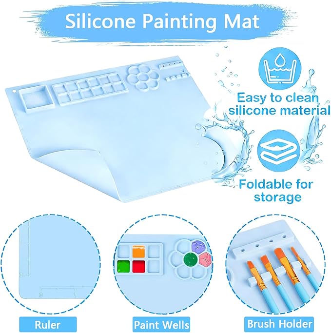 Elisel Painting Station,5 IN 1 Art Paint Supplies Kits,Paint Brush Cleaner (Upgraded),20"X16" Silicone Painting Mat 12 Colors Paint Set,10 Paint Brushes and Painting Apron for Kids Artist Beginners