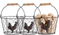 3 PCS 8’’ Farmhouse Egg Collecting Basket with Wood Handle, Rustic Metal Wire Chicken Eggs Holder Basket for Countertop Kitchen, Wire Egg Basket Vintage Style, Round, Rooster Pattern