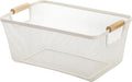 Metal Mesh Steel Basket, Medium Wire Storage Organizer Basket Multi-function Hanging Kitchen Basket with Wood Handle for Kitchen Bathroom Picnic Home, Rectangle-Off White