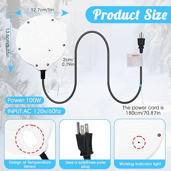 Bird Bath Heater, Upgraded 100W De-Icer Submersible Bird Bath Heaters for Outdoors in Winter, Chicken Water Heater for Winter, Thermostatic Control w/LED Indicator, 5.9 Ft Cord (White-1Pack)