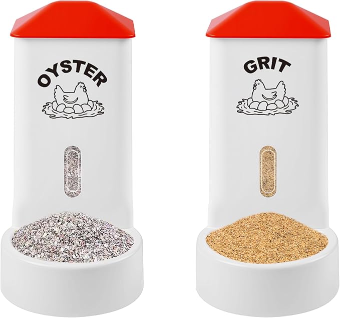 2 Pack Chicken Grit and Oyster Shell Feeder, Automatic PVC Chicken Feeder with Visual Window and Lid, Hanging Chicken Feeder for Strong Eggs Healthier Poultry