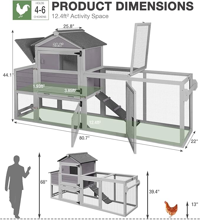 Mobile Chicken Coop Large Hen House Poultry Cage with Wheels, Weatherproof Asphalt Roof, Sectionable Nesting Box, Leakproof Pull-Out Tray for 4-6 Chickens, 82.4" L x 25.8" W x 44.1" H (Grey)