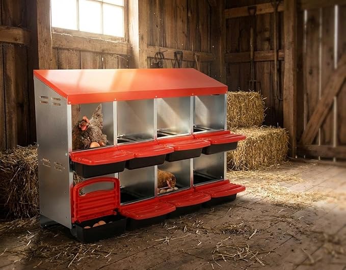 Chicken Nesting Box, 10 Compartments Roll Away Eggs Laying Boxes, Cleanable Pull Out Hen Roosting Boxes, Durable & Easy to Install, Red