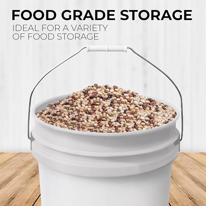 5-Gallon White Bucket Pail with Gamma Seal Screw on Airtight Lid, Heavy-Duty 90MIL Extra Durable, Food Grade, Metal Handles with Plastic Grip for Easy Carrying, Easy Stack & Store, BPA Free - 3 Pack