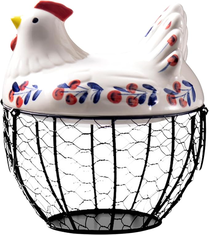 Gcroet Ceramic Egg Holder, Hollow-Out Wire Chicken Egg Holder with Chicken Shaped Lid, Non Slip Basket Countertop with Handle for Gathering Fresh Eggs...