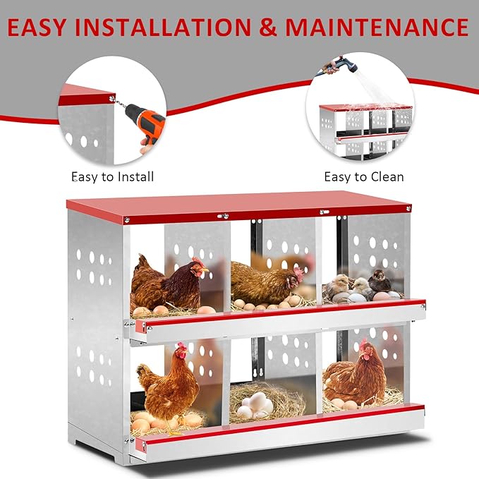 Outvita Chicken Nesting Box, 6 Compartments Roll Away Nesting Boxes, 6 Room Wall Mountable Egg Laying Boxes for Hen, Red