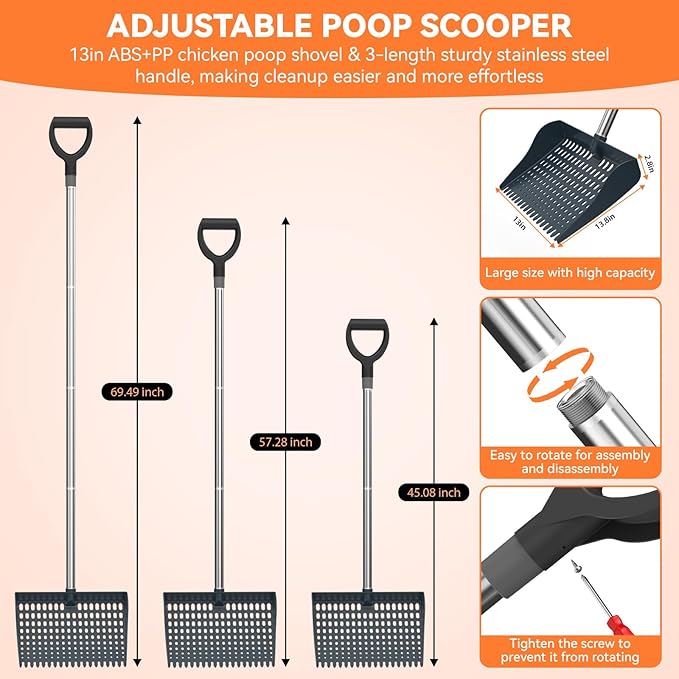 Chicken Poop Scooper & Rake 2-in-1, Chicken Coop Accessories with 13in Wider PP Head & Adjustable Stainless Steel Handle, 33''-69'' Pooper Scooper Sand Sifting Shovel Litter for Small Farm Animals