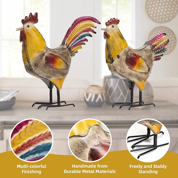 MODE HOME Set of 2 Rustic Metal Rooster & Hen Figurines, Hand-Painted Farmhouse Chicken Decor, Waterproof Indoor Outdoor Yard Garden Statues for Kitchen, Patio & Home Decor