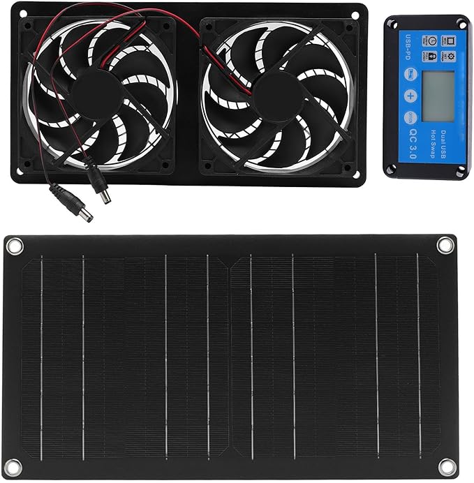 6 Inch Dual Solar Exhaust Fan, 20W Monocrystalline Silicon Solar Panel Ventilation Fan with Timed Controller, Low Noise Solar Powered Fan for Greenhouse, Chicken Coop, Shed