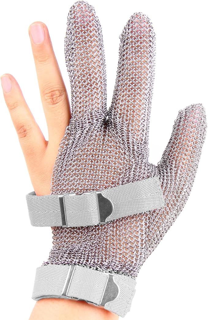 3-Finger Chainmail Glove, Stainless Steel Metal Cut Resistant Glove with Strap (3-Finger, Small (Pack of 1))
