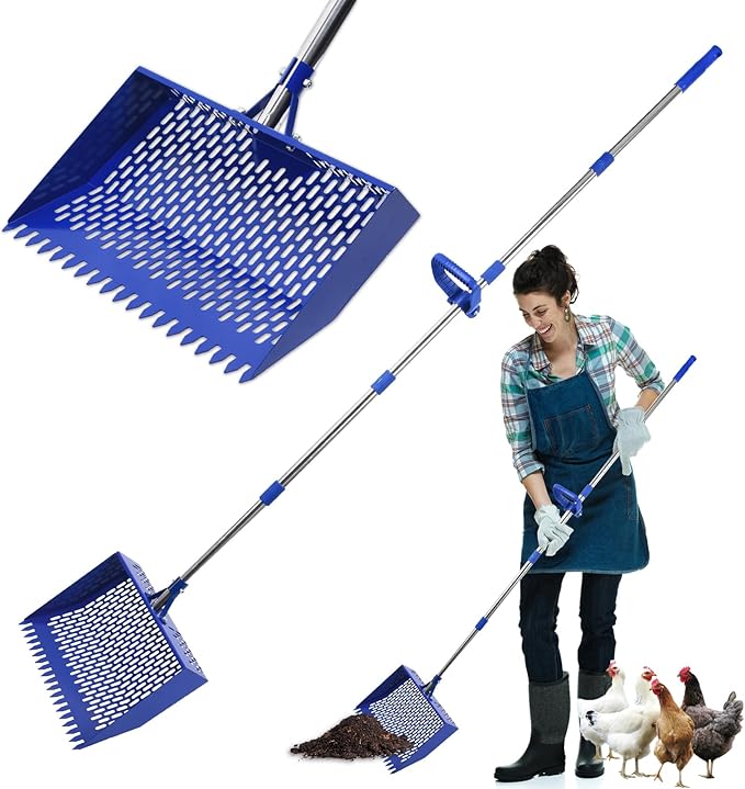15 in Wide Chicken Poop Scooper and rake，Heavy Poop Scoop Shovel for Cleaning Coops, Adjustable Long Handle， Suit for Cleaning Chicken coops, racecourses, and Sheep pens