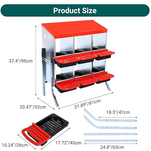 Garvee Chicken Nesting Boxes, 6 Hole Metal Chicken Laying Box with Removable Trays for Chicken Coop, Red, with Metal Legs