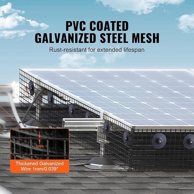 VEVOR 8inch x 98ft Critter Guard for Solar Panels, PVC Coated Wire Mesh Roll Kit with 50pcs Ties for Pigeon Deterrent, Bird, Squirrel Proof, Black