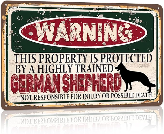 Vintage German shepherd Metal Sign， Warning this property is protected bY a highly trained German shepherd Sign Funny Tin Signs 12x8 Inch