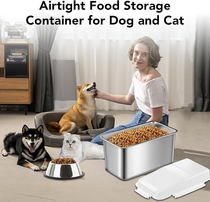 Newget Dog Food Storage Container Stainless Steel with Scoop, 16-lb/11-lb Airtight Metal Pet Food Storage Bin, Cat Food Container for Dry Dog, Cat Food, Bird Seed, Keep Food Fresh, White