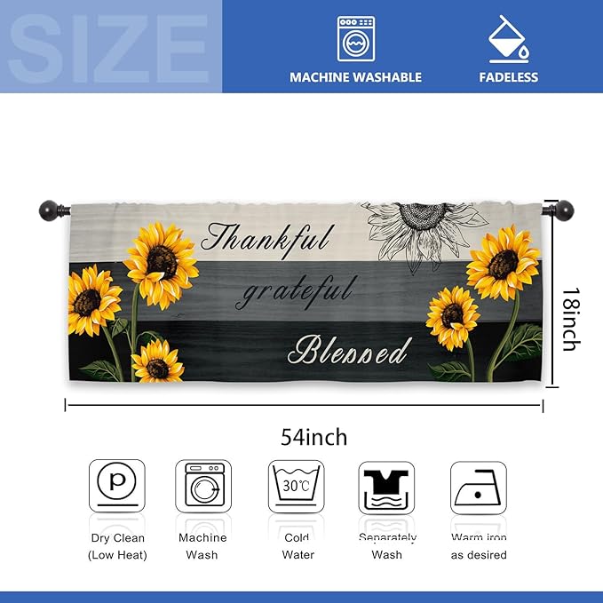 Farmhouse Sunflower Rustic Kitchen Curtain Valance 54W x 18L Inch Wood Wooden Country Rural Rod Pocket Short Cafe Small Window Treatment Drapes Decor