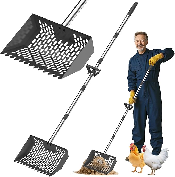 Chicken Poop Scooper & Rake, Metal Sifting Shovel 10" Wide Metal Head, Adjustable Handle to 74", Chicken Coop Scooper with Adjustable Handle for Chicken Coop & Pet Waste Cleaning