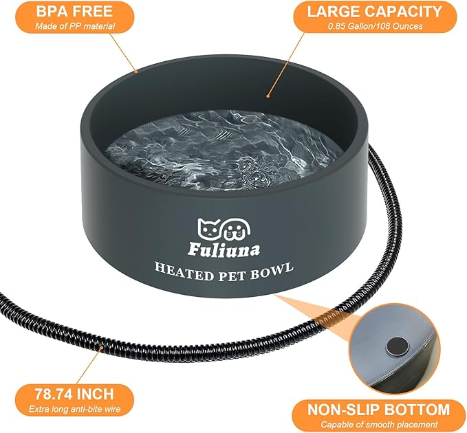 Large Heated Water Bowl, Outdoor Heated Dog Bowl with Chew Resistant Power Cord, Thermal Bowl Provide Drinkable Water in Winter, Heated Pet Bowl for Cat Rabbit Chicken Duck Squirrel 0.85 Gal
