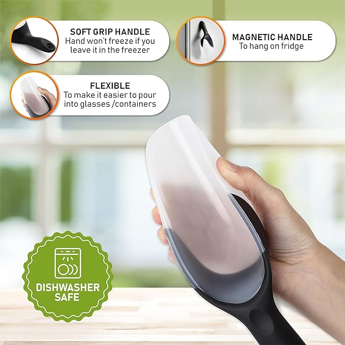 Spring Chef Magnetic Ice Scoop for Ice Machine - Durable BPA-Free Flexi-Plastic Kitchen Scoops with Soft Grip Handle - Popcorn Scooper - Dishwasher Safe Food Scooper - Set of 2 - Black