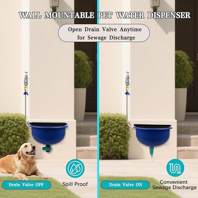 Automatic Dog Water Dispenser with Drain Valve, 1 Gallon Outdoor Auto Water Dog Bowl with Float Valve, Automatic Chicken Waterer with Hose Quick Connector, for Horse, Poultry (Blue)
