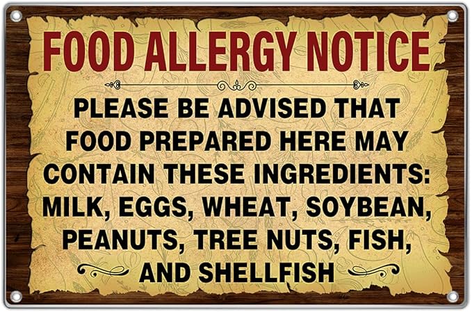 Food Allergy Notice Metal Sign 12 x 8 Inch Restaurant Cafe Kitchen Dining Area Canteen Wall Decor Safety Warning Signage For Preparation Areas Art Home Outdoor Vintage