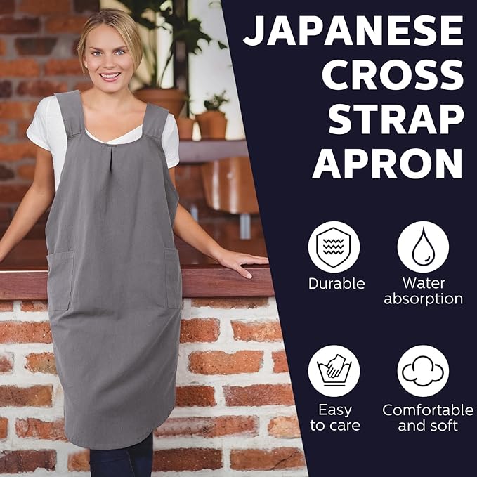 JaGely 2 Pack Japanese Linen Cross Back Kitchen Cooking Aprons for Women Men with 2 Pockets Cute Gardening Dress