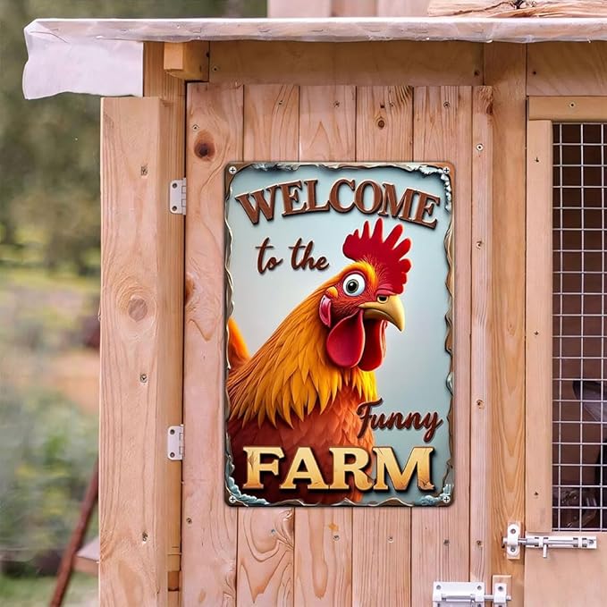 FunnySign Chicken Gifts Rooster Décor Welcome To The Funny Farm Rustic Tin Sign For Home Farm Chicken Coop Decor 8x12 Inch (9705)