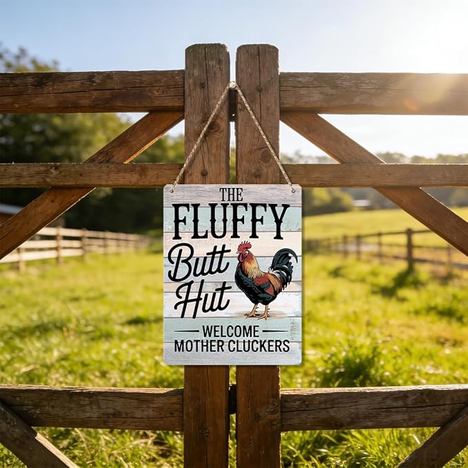 Chicken Gifts Sign Fluffy Butt Hut Welcome Mother Cluckers Sign Funny Chicken Coop Sign Rustic Style Decor for Home Farm Chicken-Coop Kitchen Country Decor 8x10 Inch