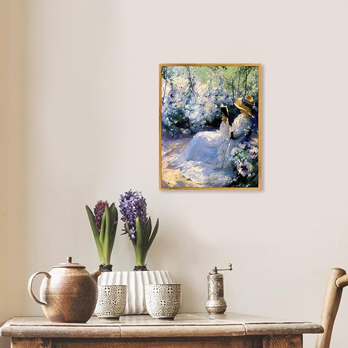 Rustic Wildflower Print Women French Painting Vintage Victorian Wall Art Purple Flower Artwork Vintage Women Picture Woman Reading Wall Art Farmhouse Women Painting Purple Landscape Picture 8x10in Framed