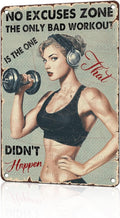 Vintage No Excuses Zone Metal Sign Retro Girl Lifting Dumbbells Fitness Tin Sign Nostalgic Art for Home Gym Personal Studio Wall Decor Living Room Garage Cafe Bar 12 * 8 In